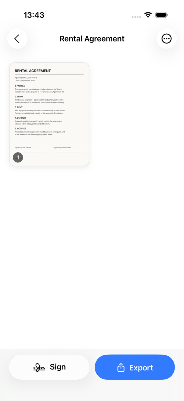 A scanned rental agreement open in Papertap
